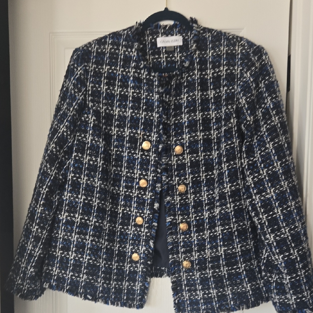 Calvin Klein Navy and White Tweed Blazer with Gold Buttons